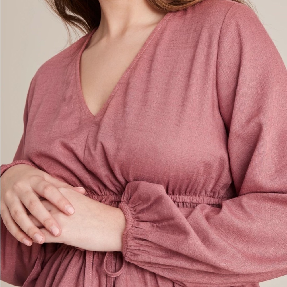 $10 item! Dusty Rose Puff Sleeve tie front linen blend Women's Top size 12P - Picture 3 of 8